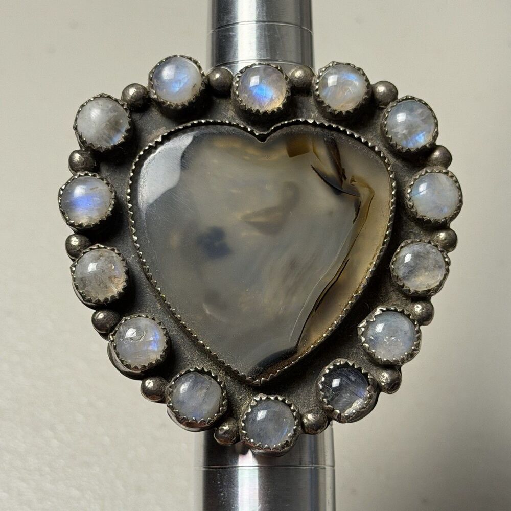 Statement Native Signed C.J. Butler Moonstone & Heart Agate Size 10.25 Sterling
